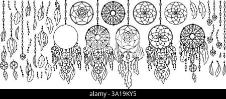 Ethnic Dreamcatchers Vector Line Art Design Elements Kit, Big Bundle of Mandalas, Feathers and Hanging Dream Catchers Stock Vector