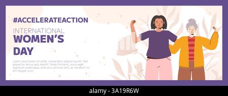 IWD 2025 Two women with raised arms representing empowerment and unity. The banner features the text International Women Day and the hashtag Accelerat Stock Vector