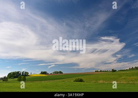 Veil clouds over the fields in the Holledau region Stock Photo