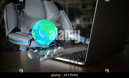 Humanoid robot in the office with a notebook and a virtual globe. 3d illustration. Stock Photo