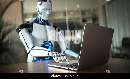 Humanoid robot typing on computer in office. 3d illustration. Stock Photo