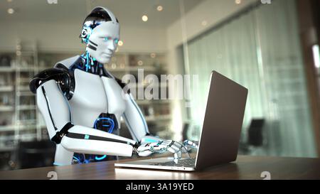 Humanoid robot typing on computer in office. 3d illustration. Stock Photo