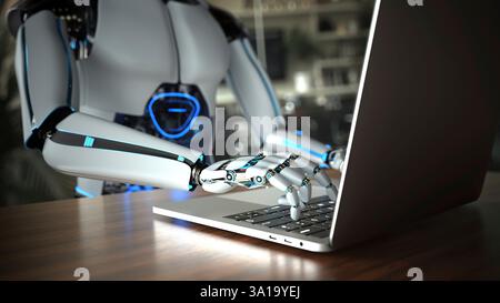Humanoid robot typing on computer in office. 3d illustration. Stock Photo