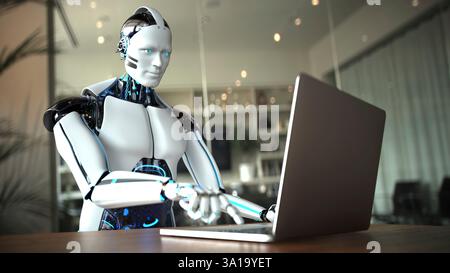 Humanoid robot typing on computer in office. 3d illustration. Stock Photo