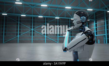 Thinking robot in an industrial hall. 3d illustration. Stock Photo