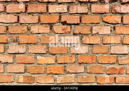 Red Brick Wall Old Weathered Texture Background. Abstract Grunge Stone Pattern, Aged Red Wall with Small Cracks. Stock Photo