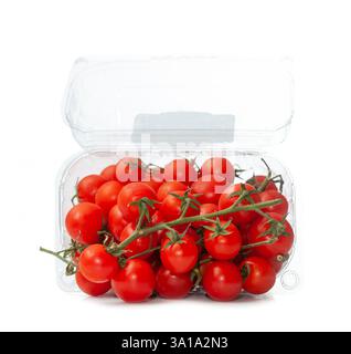 Cherry tomatoes in a plastic container. Fresh cherry tomatoes in box on white background. Stock Photo