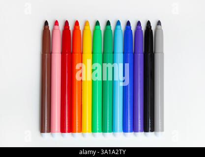 Multi-colored felt-tip pens, markers on a white isolated background. Stock Photo
