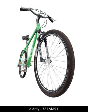 Green bicycle, front side view with wide angle shot of the front wheel. Black leather saddle and handles. Isolated on white background, 3D illustratio Stock Photo