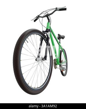 Green bicycle, front side view with wide angle shot of the front wheel. Black leather saddle and handles. Isolated on white background, 3D illustratio Stock Photo
