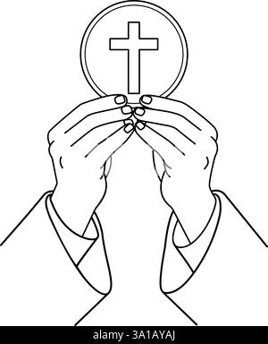 Priest's hands consecrating the Host clip art. line art vector illustration Stock Vector