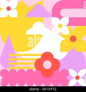 Abstract spring or summer bauhaus background. Vector geometric flowers, leaves flat illustration. Banner, poster, greeting card, cover memphis design. Stock Vector