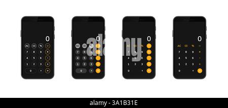 Four smartphones displaying different calculator layouts with numeric buttons Stock Vector