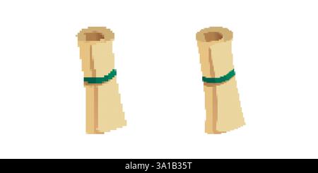 Rolled paper scrolls with green bands on blank surface in simple pixel art style Stock Vector