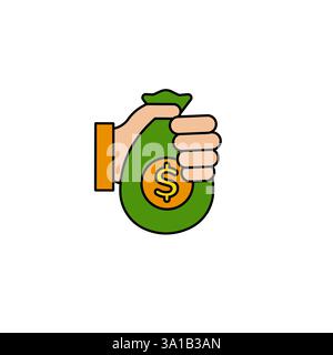 Hand holding a green money bag with dollar symbol on front highlighting financial success Stock Vector