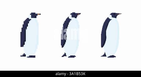 Three pixel art penguins standing in a row with beaks pointing forward Stock Vector