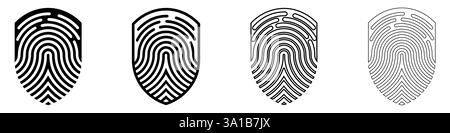 Fingerprint icons set. Black and white shield shaped fingerprint design. Cyber security concept. Stock Vector