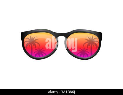 Stylish sunglasses reflecting sunset with palm trees for tropical summer vibes Stock Vector