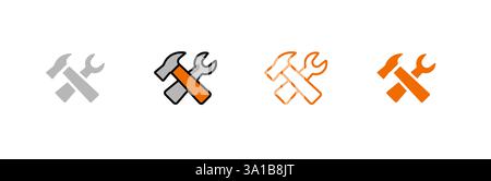 Four hammer and wrench icons in different styles show tool and repair equipment Stock Vector