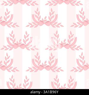 Vintage Coquette seamless pattern pink ribbon bow with branch leaves on striped background. Romantic Pink Girly Vibe. Trendy aesthetic patterned backd Stock Vector