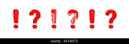 Pixelated red exclamation and question marks on white background, bold digital punctuation Stock Vector