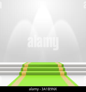 Green carpet on stairs with spot lights illuminating a podium. Blank template illustration with space for an object, person, logo, text. Vector illust Stock Vector