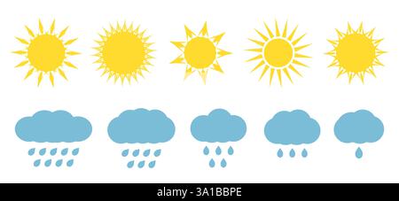 Sun and rain symbols in a weather forecast illustration showcasing different weather conditions and their impact on daily activities Stock Vector