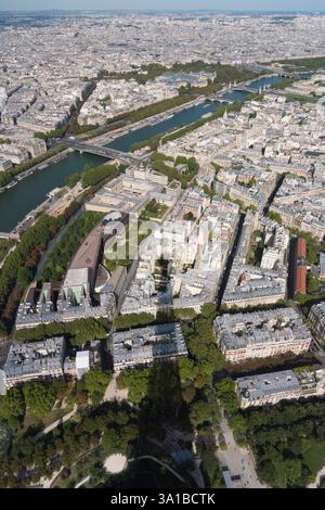 High-angle view of Paris, France, centered on the Seine River and the Musée d'Orsay.  Looking down from the Eiffel Tower. Stock Photo