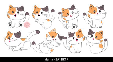Cat drawing character clipart set. Cute cat character in happy pose, playful, adorable smile and cheerful flat icon outline elements group collection Stock Vector