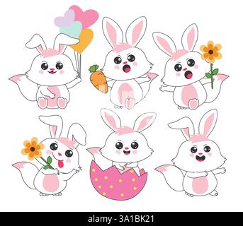 Rabbit easter bunny clipart drawing set. Bunny cartoon character clip art in happy, funny pose, sitting in egg shell, standing and holding elements Stock Vector