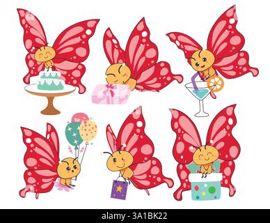 Butterfly 2d icon clipart drawing set. Red cute butterflies cartoon character clip art in happy, funny with cake, gift, drinks and balloons decoration Stock Vector