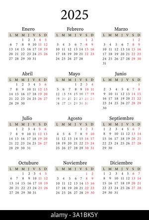 2025 year spanish calendar. Printable vector illustration for Spain ...