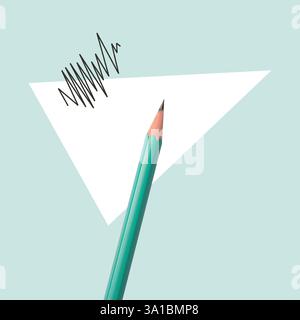 Creative poster. Pencil, drawn zig-zag line and white triangle on light turquoise background Stock Photo