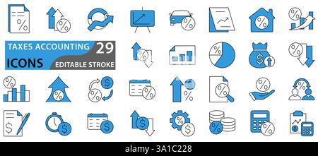 Taxes accounting icons collection. Big UI icon set in a flat design. outline icons pack. Vector illustration. Editable Stroke. Stock Vector