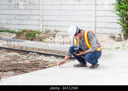 Asian man civil construction engineer worker or architect with helmet and safety vest working and holding a touchless tablet computer for see blueprin Stock Photo
