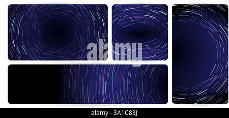 a set of four banners radial stripes futuristic lines with a blue background and a purple light with space for your text, business cards templates Stock Vector