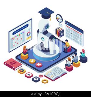 Isometric Students Interacting with AI-Powered Learning Platform. AI Powered Learning and E-learning Concept Stock Vector