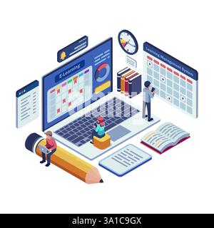 Isometric Learning Management System LMS with Online Course Scheduling. E-Learning and Learning Management System Concept Stock Vector