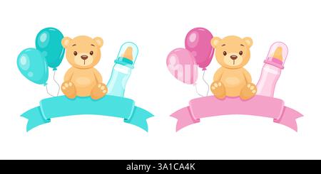 Two adorable teddy bears with balloons and baby bottles, bow for text,perfect for gender reveal or baby shower invitations. Stock Vector