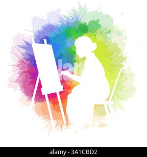 White silhouette of woman painting on easel on rainbow watercolor splash. Grandmother artist. Creativity and inspiration. Vector illustration Stock Vector