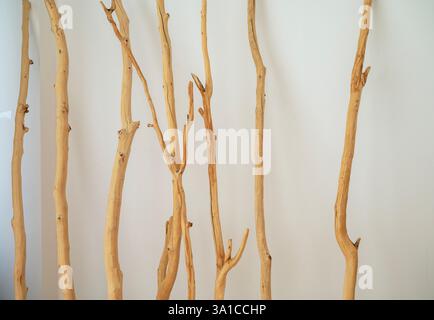 The white wall is decorated with wood Stock Photo