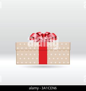 Small Baige color gift box with polka dots and red ribbon bow. 3d style, design for giveaway, surprise, holiday. Vector illustration. Stock Vector