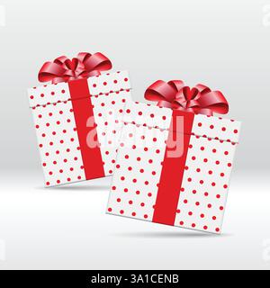 White gift boxes with red polka dots and red ribbon bow. 3d style, design for giveaway, surprise, holiday. Vector illustration. stock illustration Stock Vector