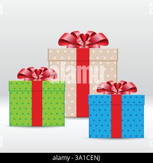 colorful gift boxes with  polka dots and red ribbon bow. 3d style, design for giveaway, surprise, holiday. Vector illustration. stock illustration Stock Vector