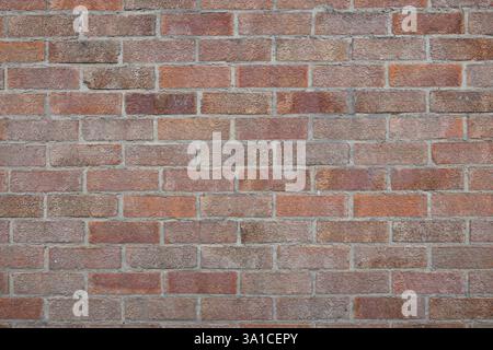 A brick wall with a few bricks missing. The wall is brown and has a rough texture. The missing bricks create a sense of emptiness and abandonment Stock Photo