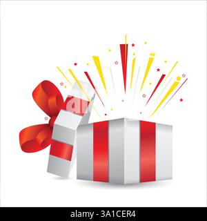 Surprise white open gift box. Gift box with red ribbon bow. 3d style. Element design for giveaway, surprise, holiday. Vector illustration. Stock Vector