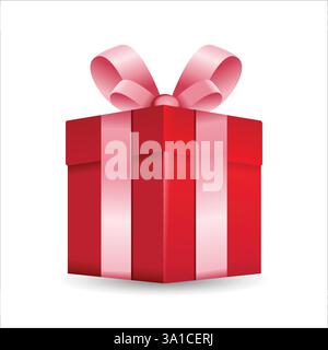 Surprise Red gift box pink ribbon, birthday celebration, special give away package, loyalty program reward, wonder gift with exclamation mark, vector Stock Vector