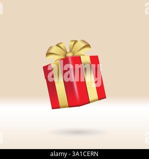 Surprise gift box. Red gift box with golden ribbon bow. 3d style, Element design for christmas, new year, giveaway, surprise, holiday. Stock Vector