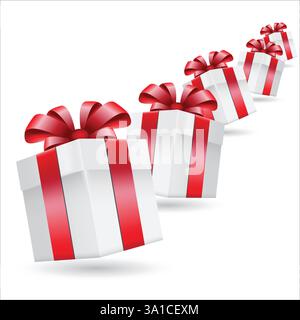 White Gift boxes red ribbon, birthday package. Vector illustration. Delight present. Surprise concept. stock illustration Stock Vector