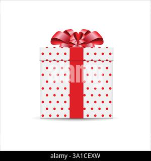 White gift box with red polka dots and red ribbon bow. 3d style, design for giveaway, surprise, holiday. Vector illustration. stock illustration Stock Vector